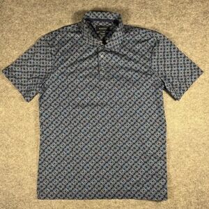 Bugatchi Mens Navy Blue Geometric Floral 8-Way Stretch Polo Shirt Size Medium